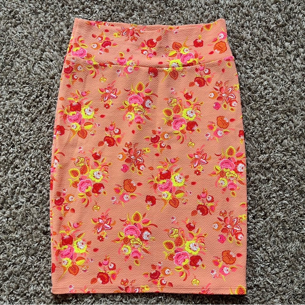 Neon roses, pencil skirt, stretchy, and flattering
